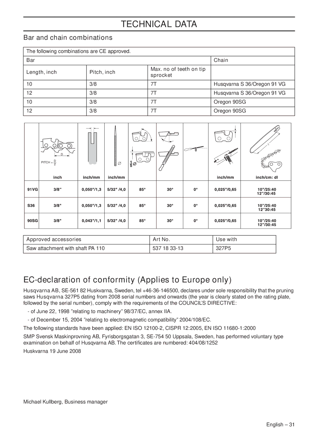 Husqvarna 966976701 manual EC-declaration of conformity Applies to Europe only, Bar and chain combinations 