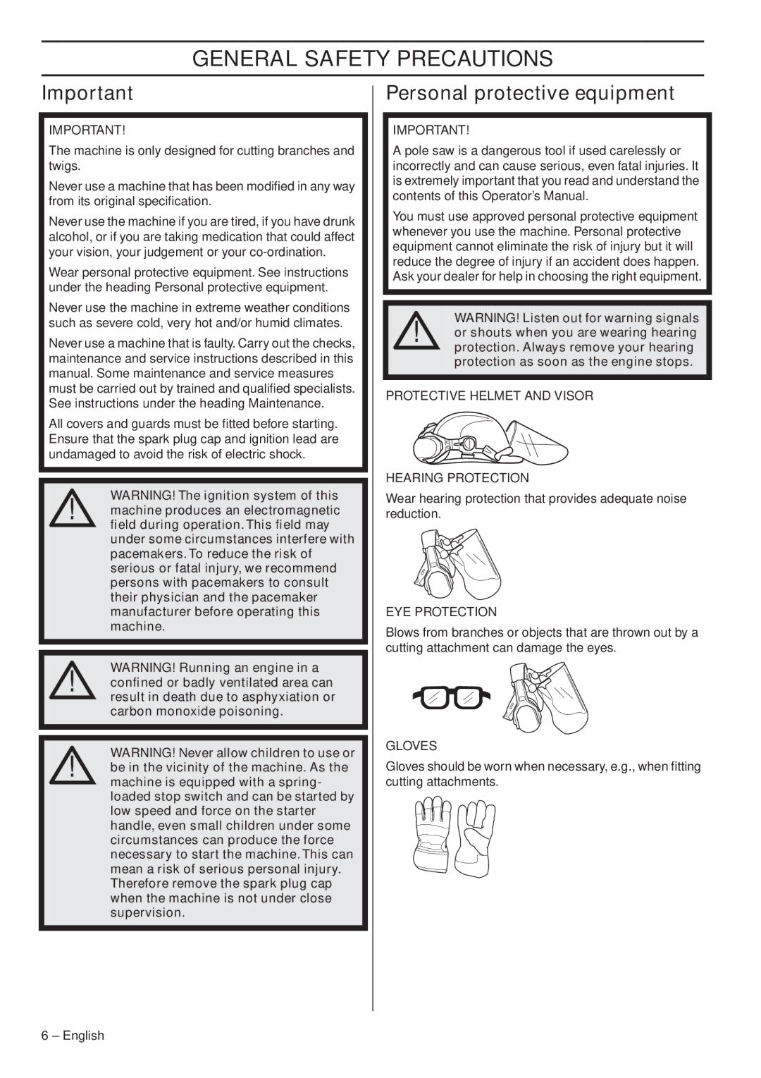 Husqvarna 966976701 manual General Safety Precautions, Personal protective equipment 