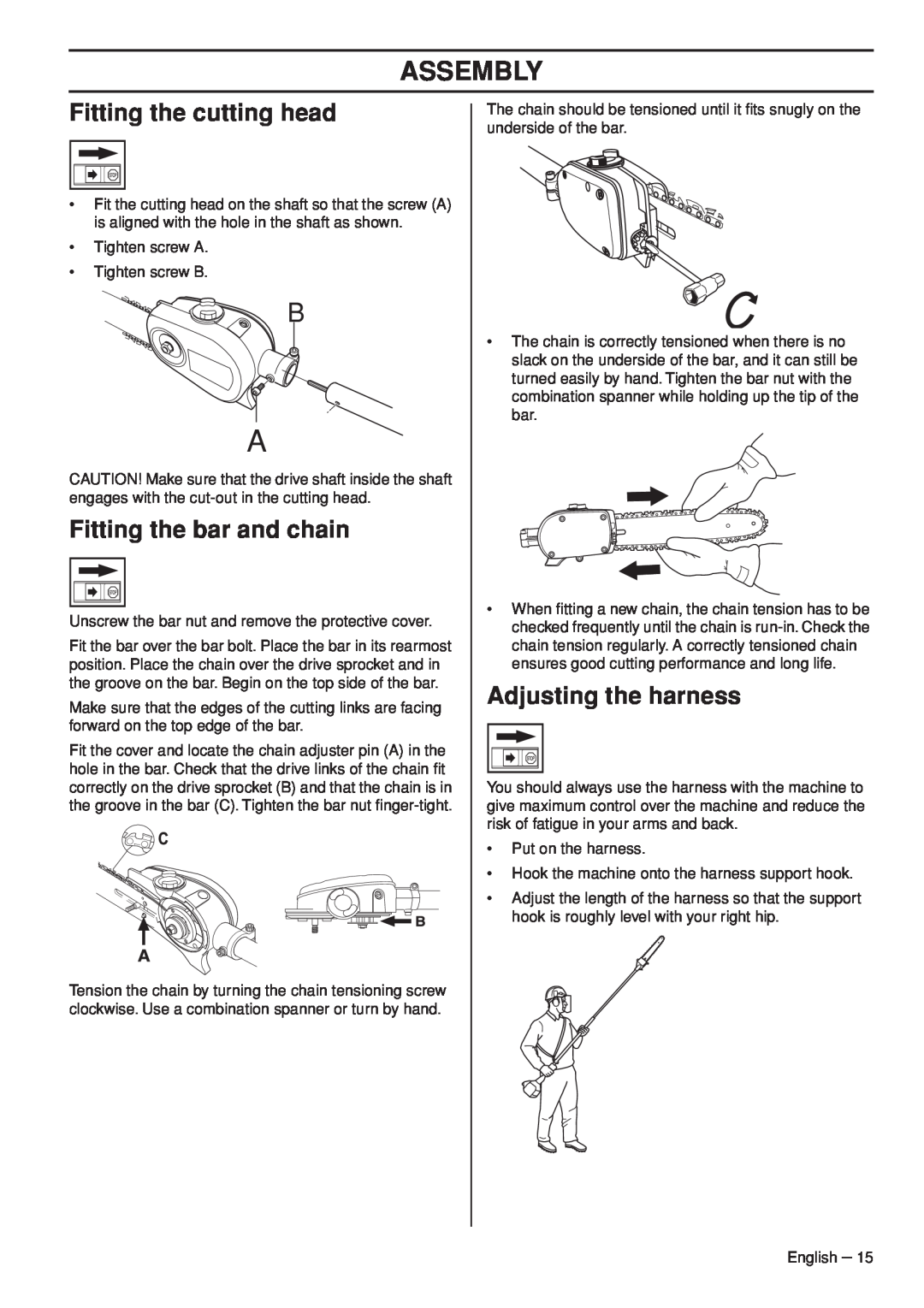 Husqvarna 966976701 manual Assembly, Fitting the cutting head, Fitting the bar and chain, Adjusting the harness 