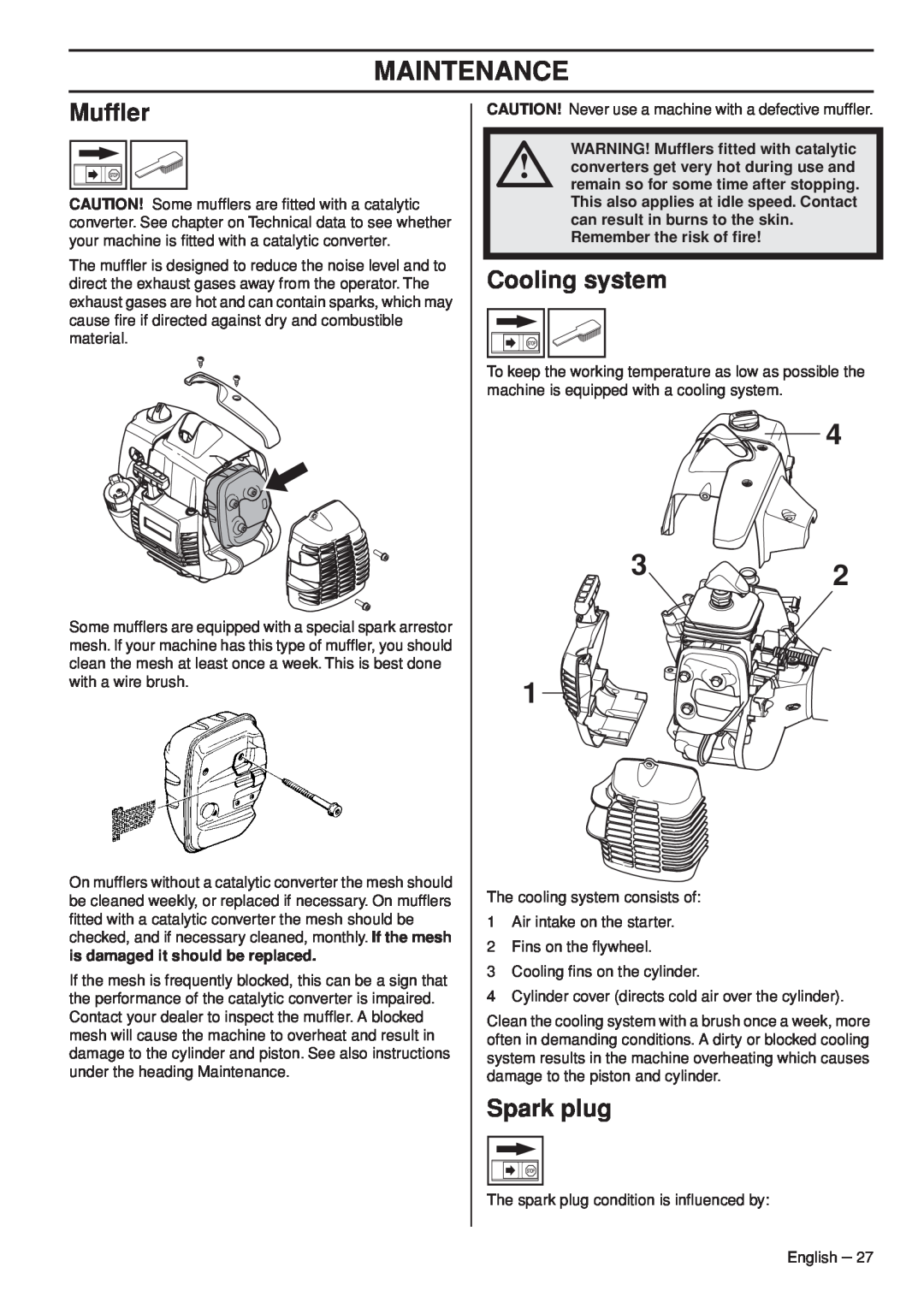 Husqvarna 966976701 manual Mufﬂer, Cooling system, Spark plug, is damaged it should be replaced, Maintenance 