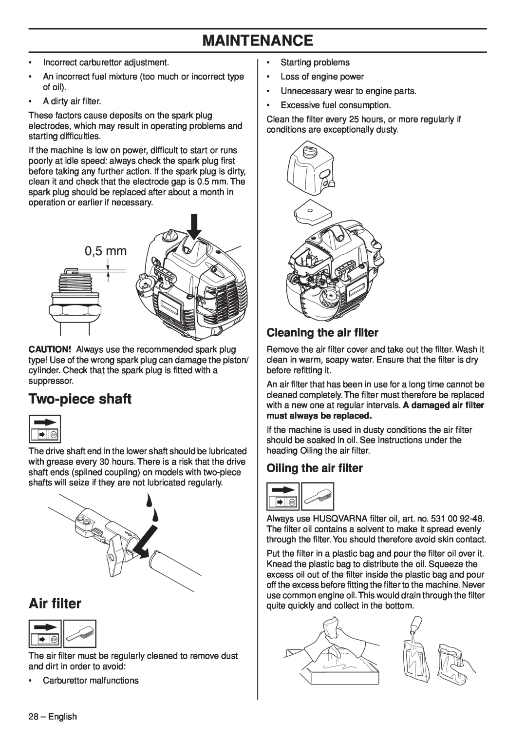 Husqvarna 966976701 manual Two-piece shaft, Air ﬁlter, Cleaning the air ﬁlter, Oiling the air ﬁlter, Maintenance 
