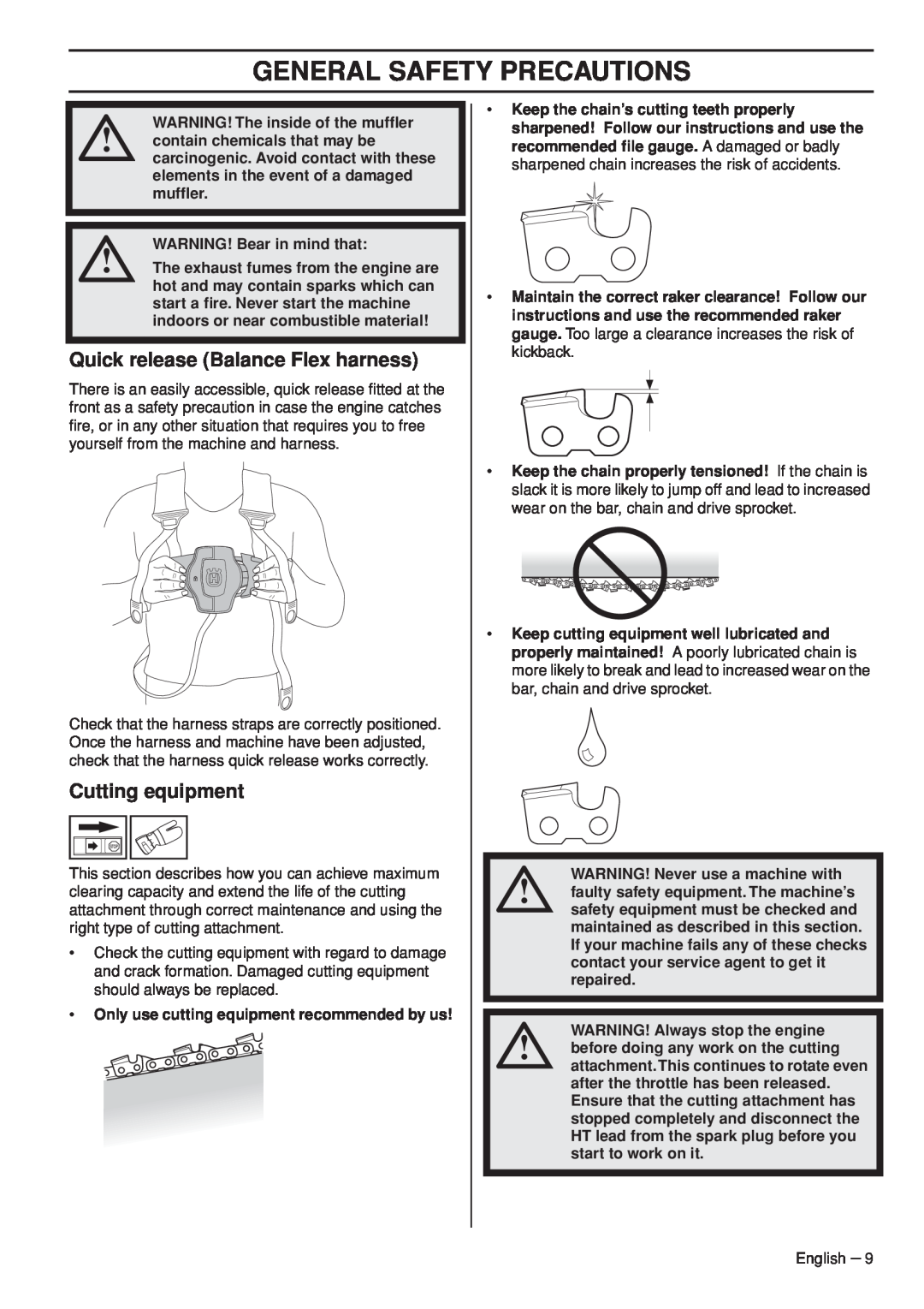 Husqvarna 966976701 manual Quick release Balance Flex harness, Cutting equipment, WARNING! The inside of the mufﬂer 