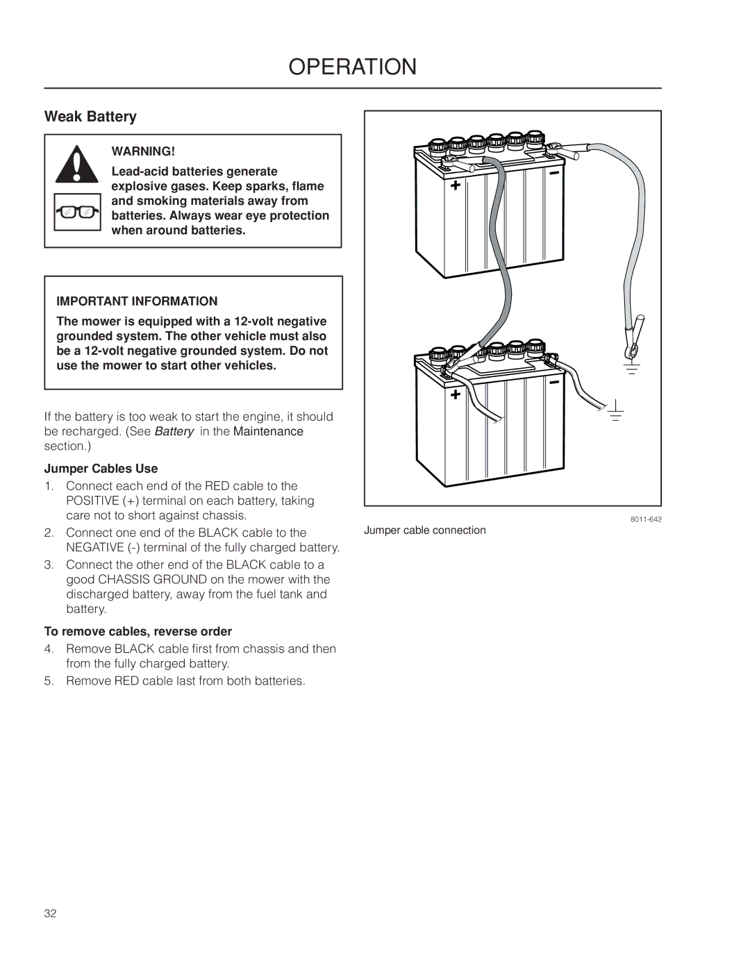 Husqvarna 967004001, 966614001, PZ5430, PZ5426FX warranty Weak Battery, Jumper Cables Use, To remove cables, reverse order 