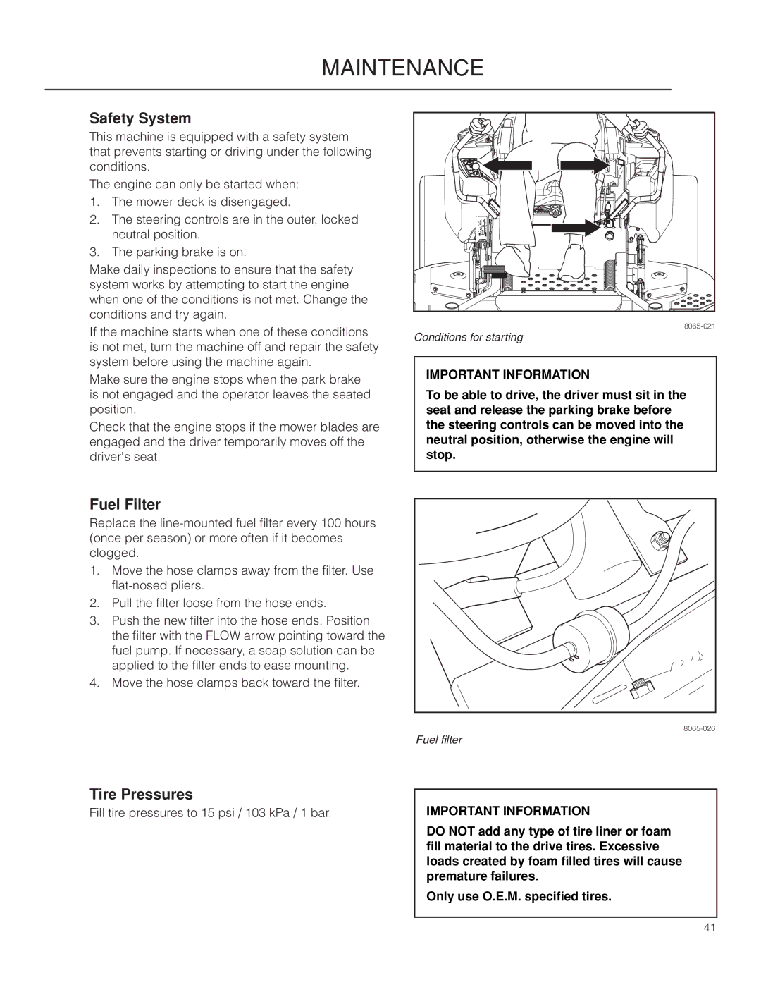 Husqvarna 966614001, 967004001, PZ5430, PZ5426FX warranty Safety System, Fuel Filter, Tire Pressures 