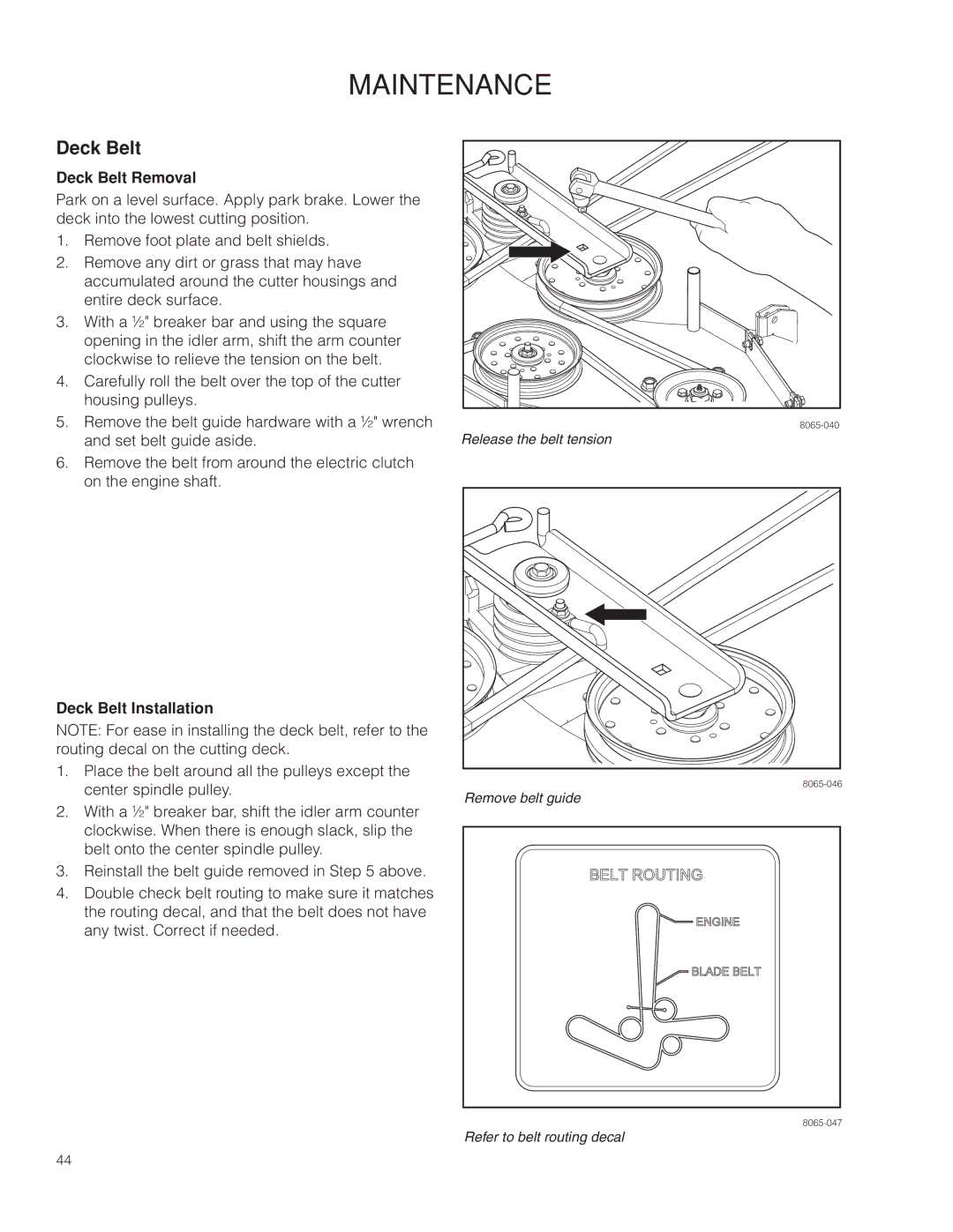 Husqvarna 967004001, 966614001, PZ5430, PZ5426FX warranty Deck Belt Removal, Deck Belt Installation 