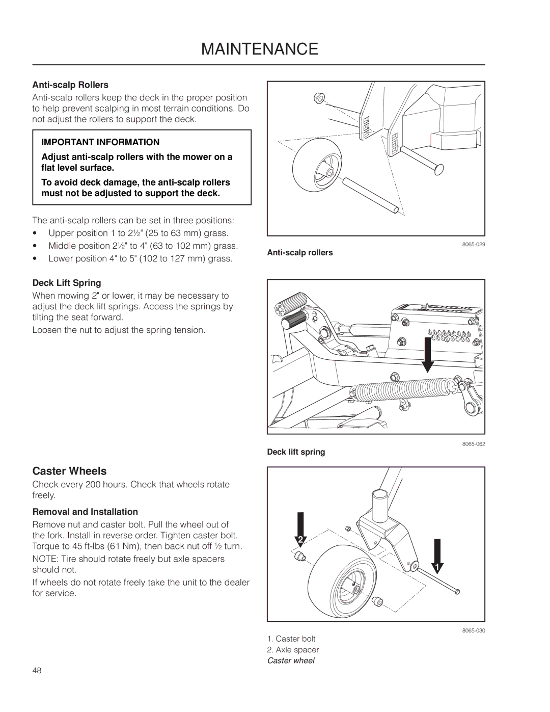 Husqvarna 967004001, 966614001, PZ5430 warranty Caster Wheels, Anti-scalp Rollers, Deck Lift Spring, Removal and Installation 