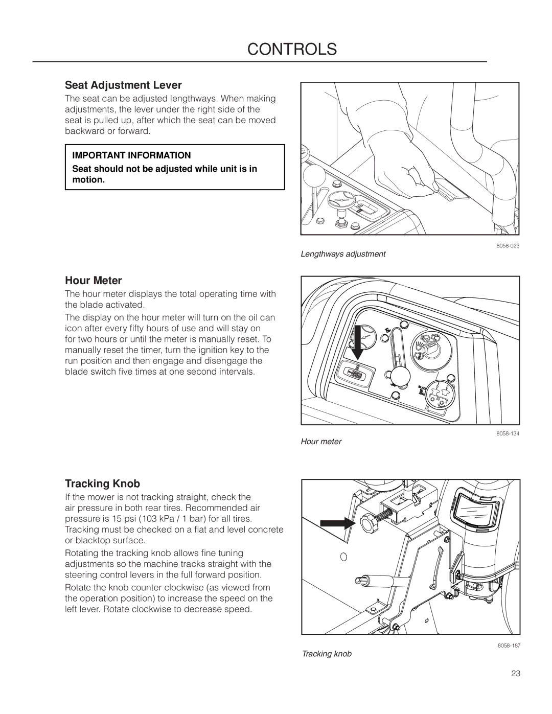 Husqvarna RZ46215 Seat Adjustment Lever, Hour Meter, Tracking Knob, Seat should not be adjusted while unit is in motion 