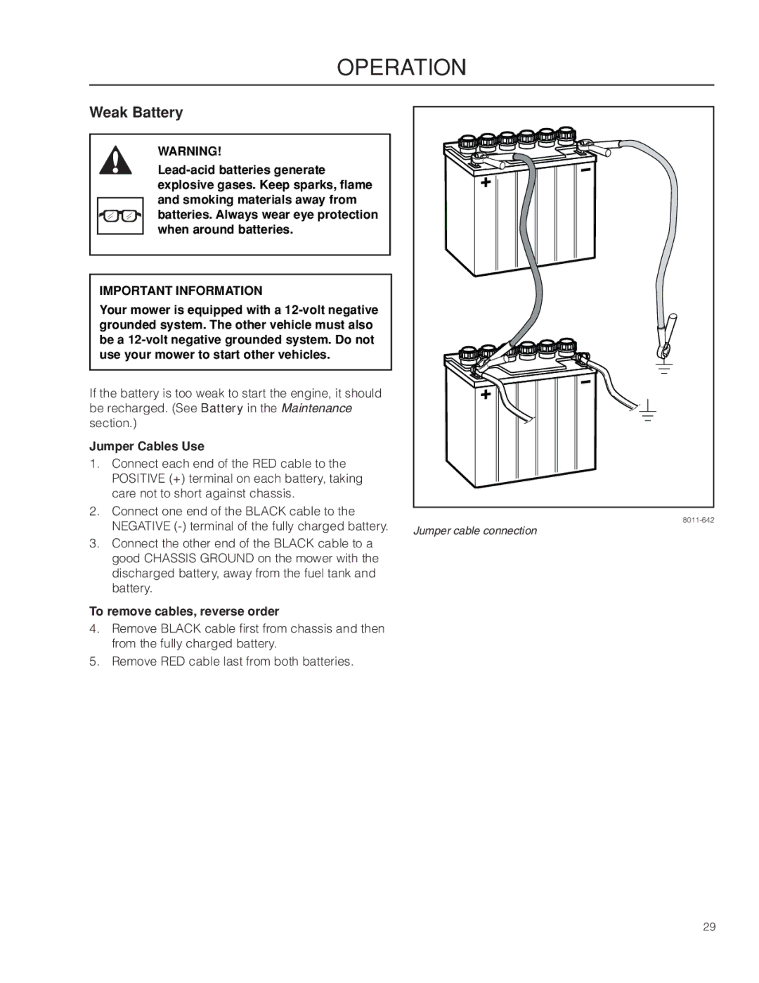 Husqvarna RZ46215, 967009803 warranty Weak Battery, Jumper Cables Use, To remove cables, reverse order 