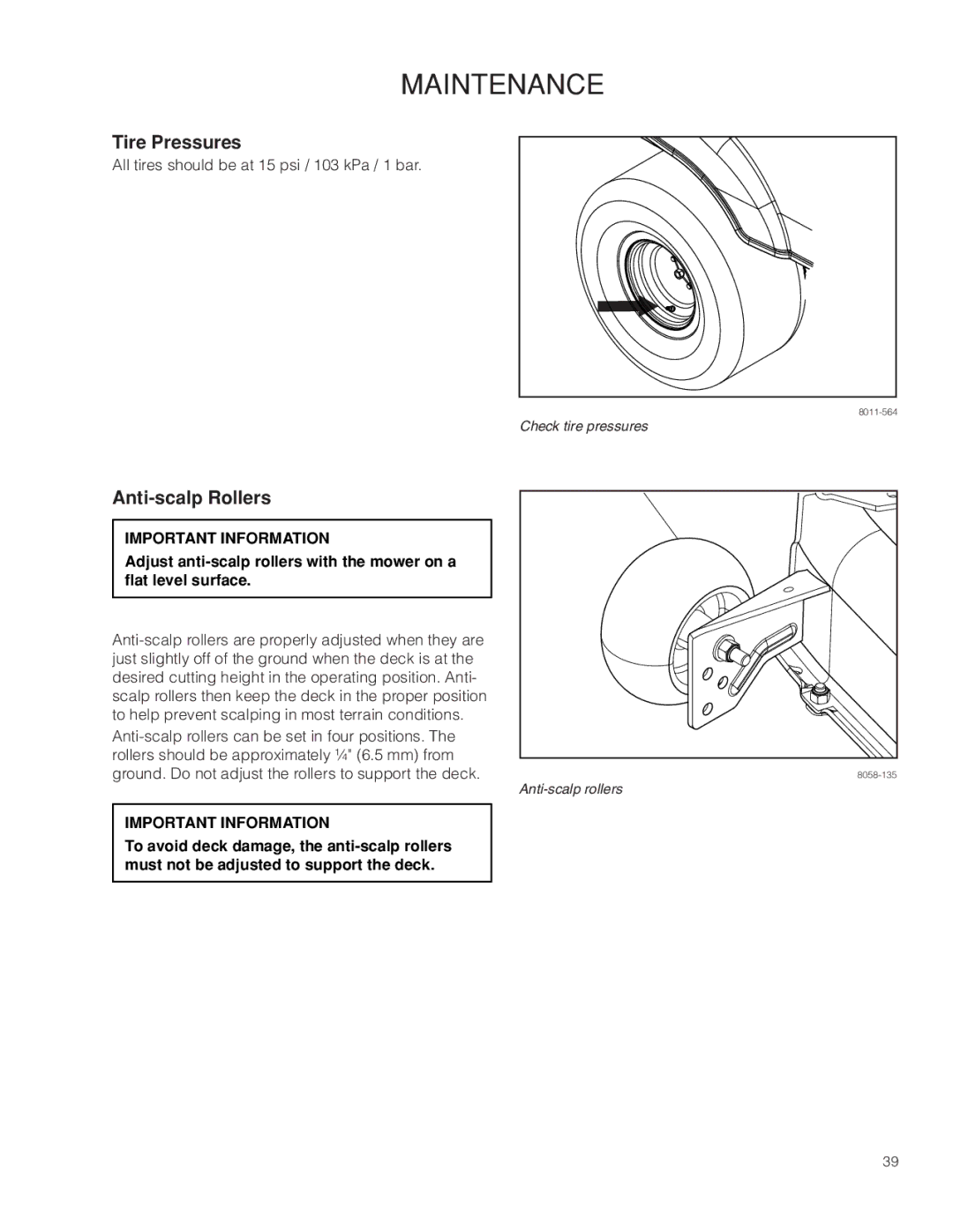 Husqvarna RZ46215, 967009803 warranty Tire Pressures, Anti-scalp Rollers 