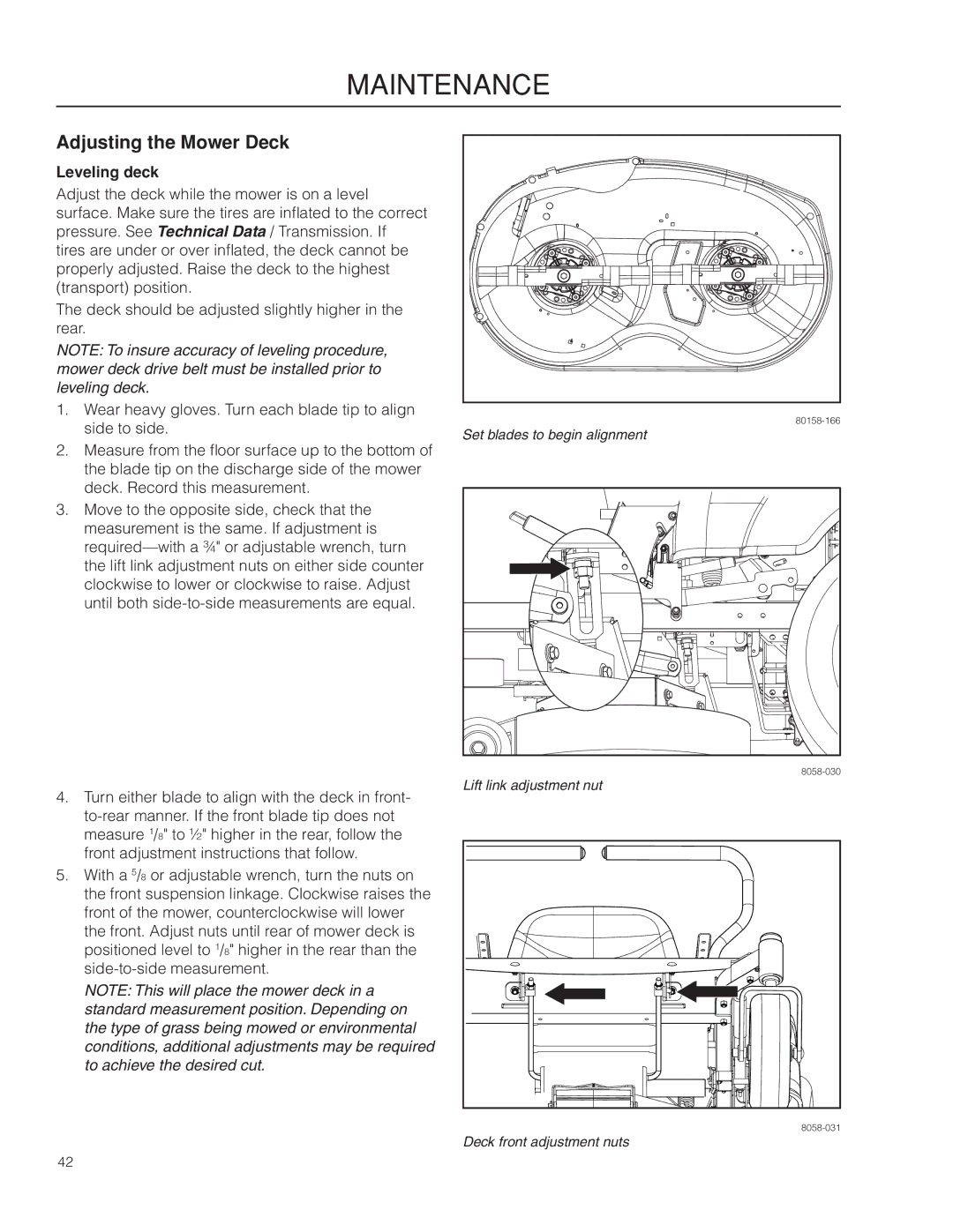 Husqvarna 967009803, RZ46215 warranty Adjusting the Mower Deck, Leveling deck 