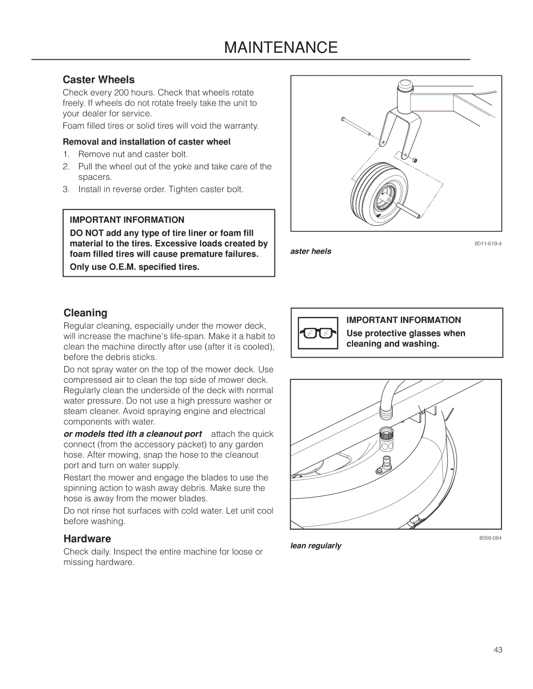 Husqvarna RZ46215, 967009803 warranty Caster Wheels, Cleaning, Hardware, Removal and installation of caster wheel 