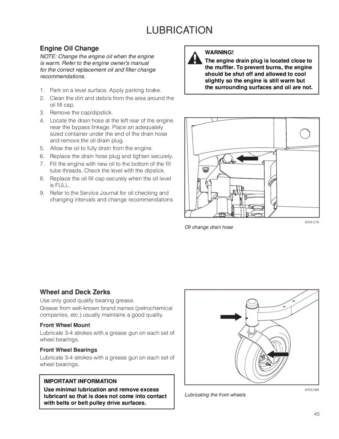 Husqvarna RZ46215, 967009803 warranty Engine Oil Change, Wheel and Deck Zerks, Front Wheel Mount, Front Wheel Bearings 