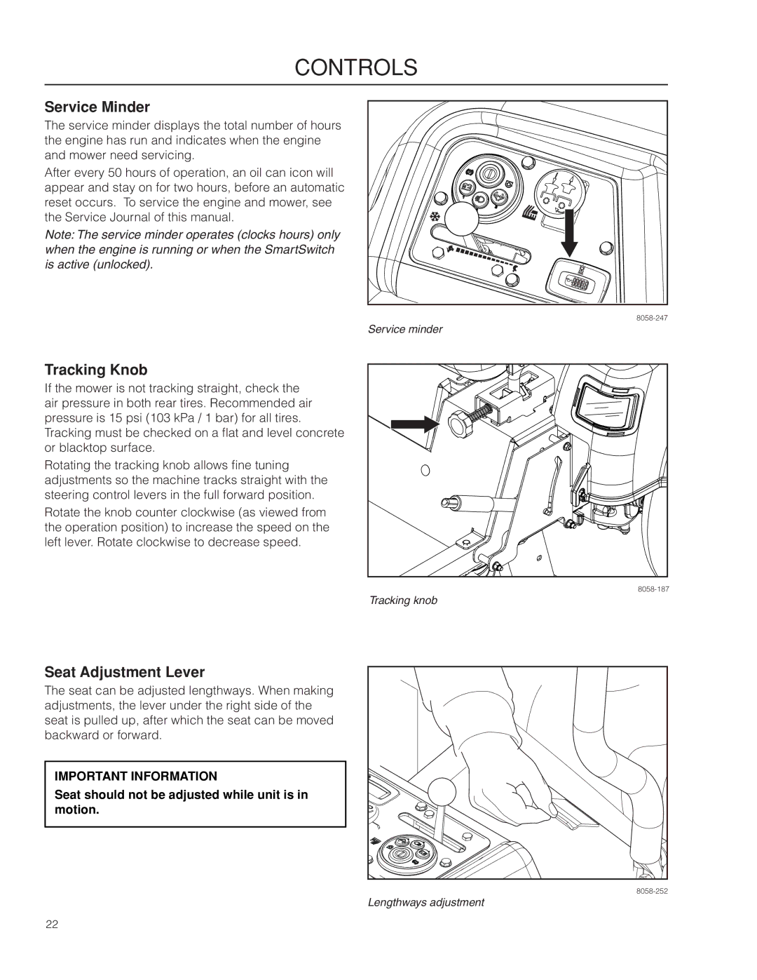 Husqvarna 967277601 warranty Service Minder, Tracking Knob, Seat Adjustment Lever 