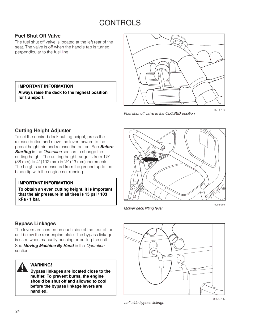 Husqvarna 967277601 warranty Fuel Shut Off Valve, Cutting Height Adjuster, Bypass Linkages 