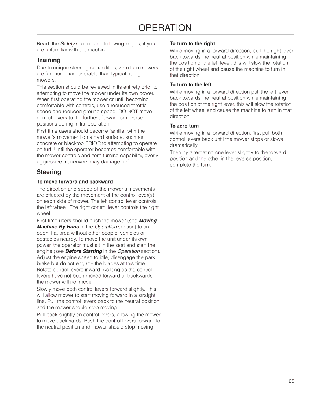 Husqvarna 967277601 warranty Operation, Training, Steering 