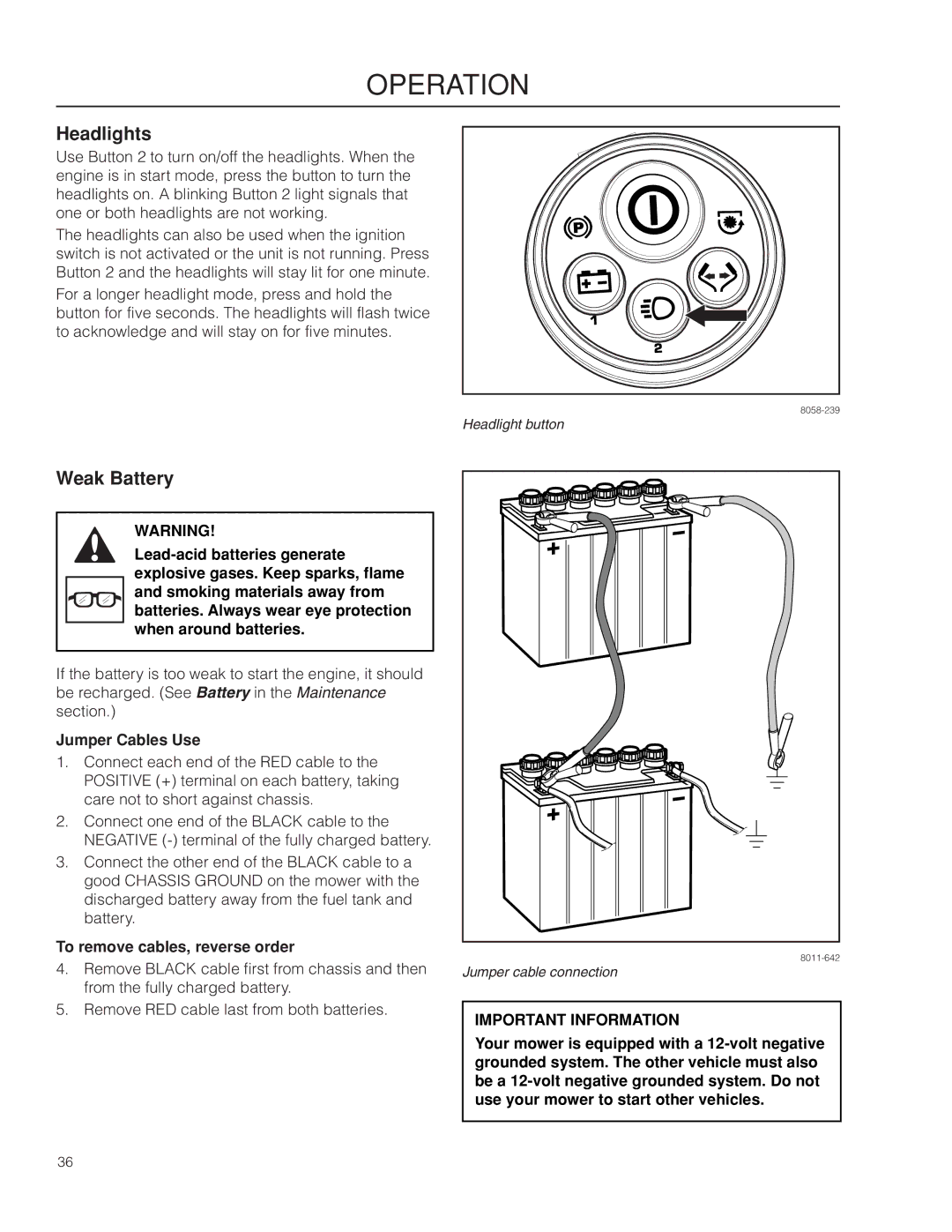 Husqvarna 967277601 warranty Headlights, Weak Battery, Jumper Cables Use, To remove cables, reverse order 