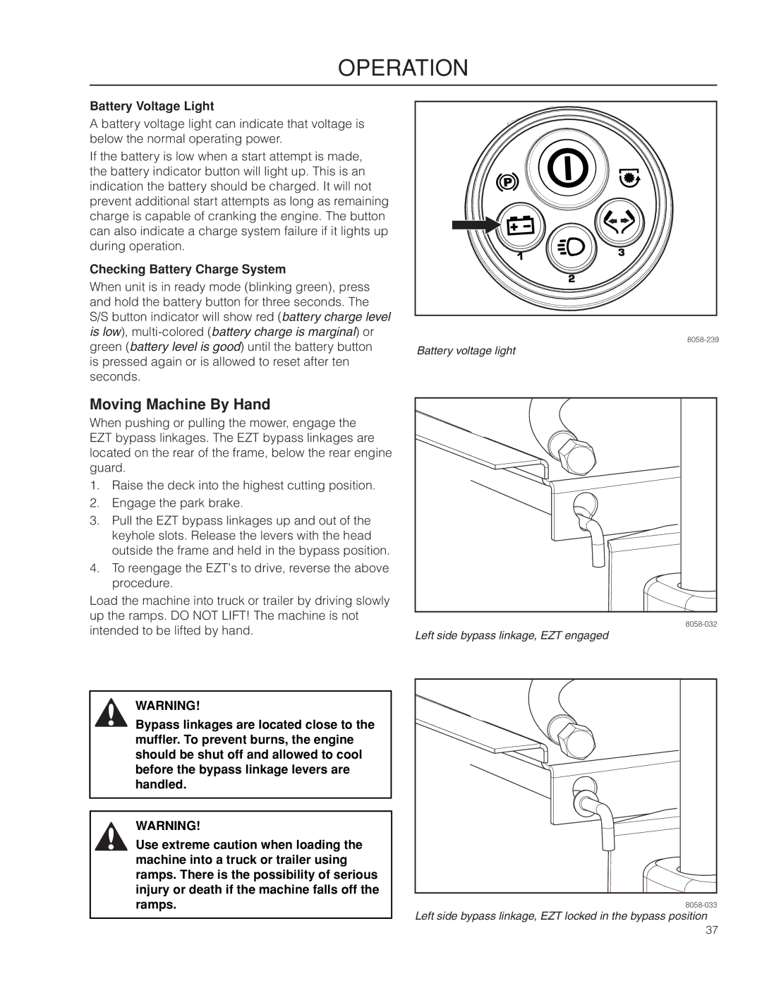 Husqvarna 967277601 warranty Moving Machine By Hand, Battery Voltage Light, Checking Battery Charge System 