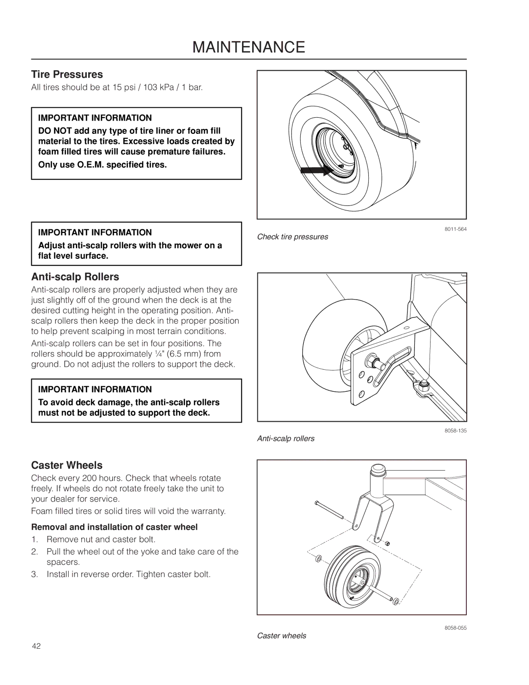 Husqvarna 967277601 warranty Tire Pressures, Anti-scalp Rollers, Caster Wheels, Removal and installation of caster wheel 