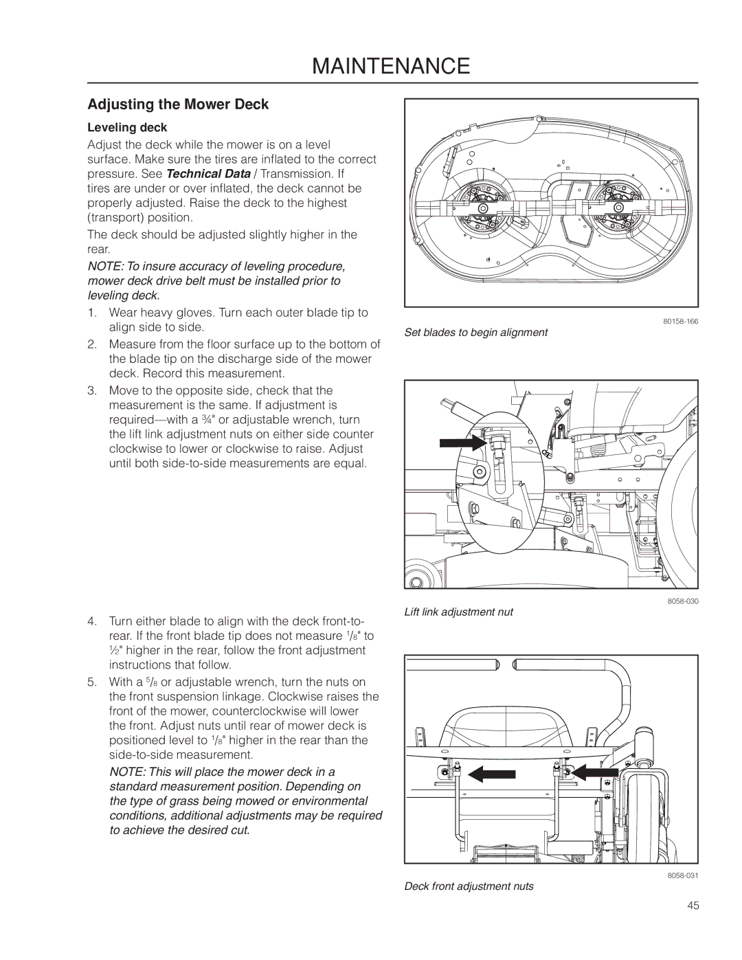 Husqvarna 967277601 warranty Adjusting the Mower Deck, Leveling deck 