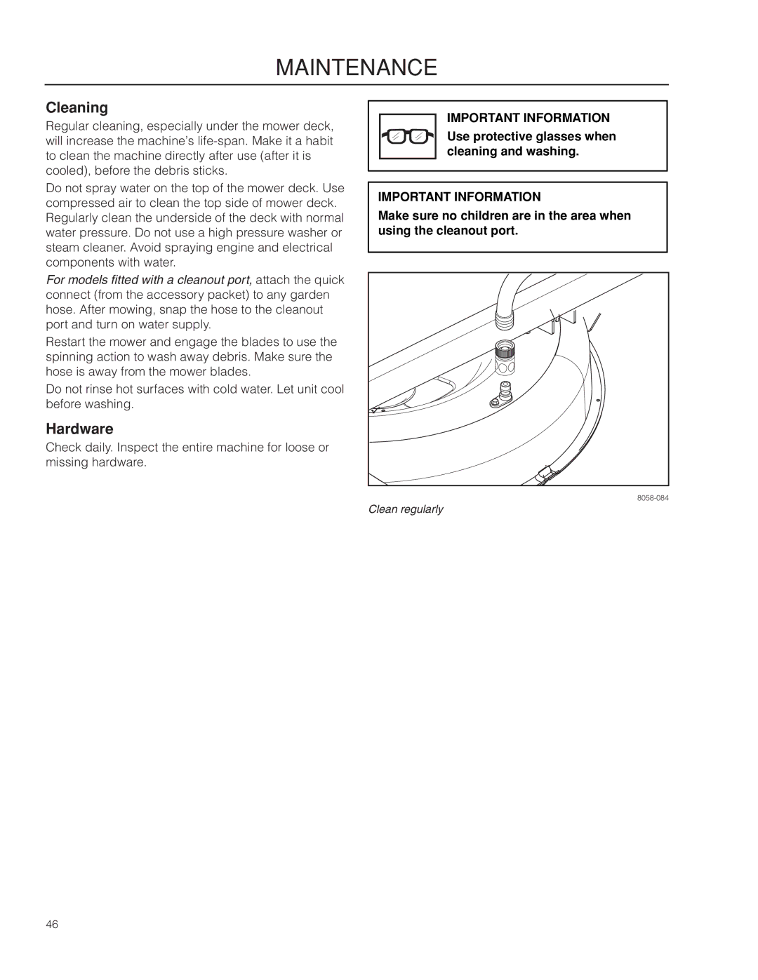 Husqvarna 967277601 warranty Cleaning, Hardware, Use protective glasses when cleaning and washing 