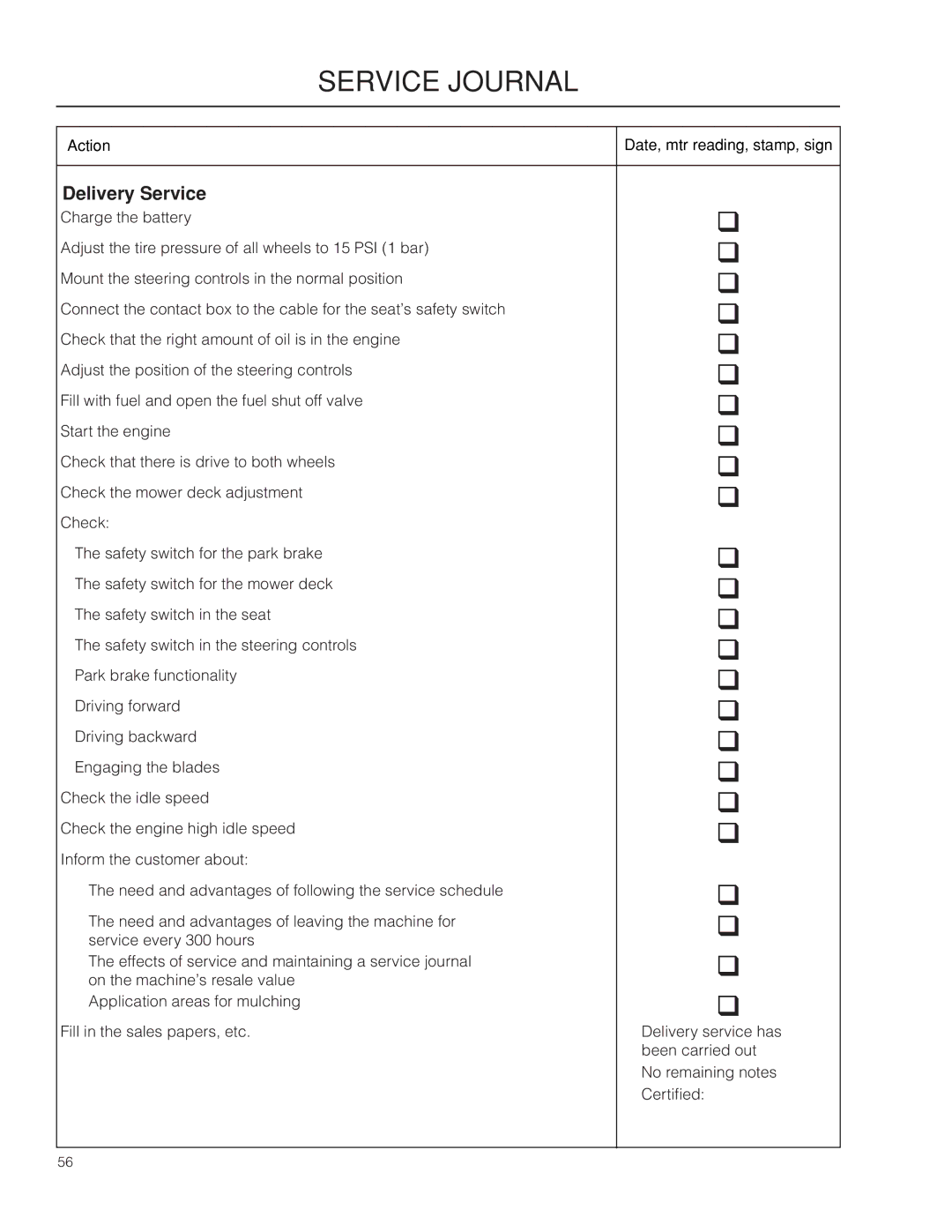 Husqvarna 967277601 warranty Service Journal, Delivery Service 