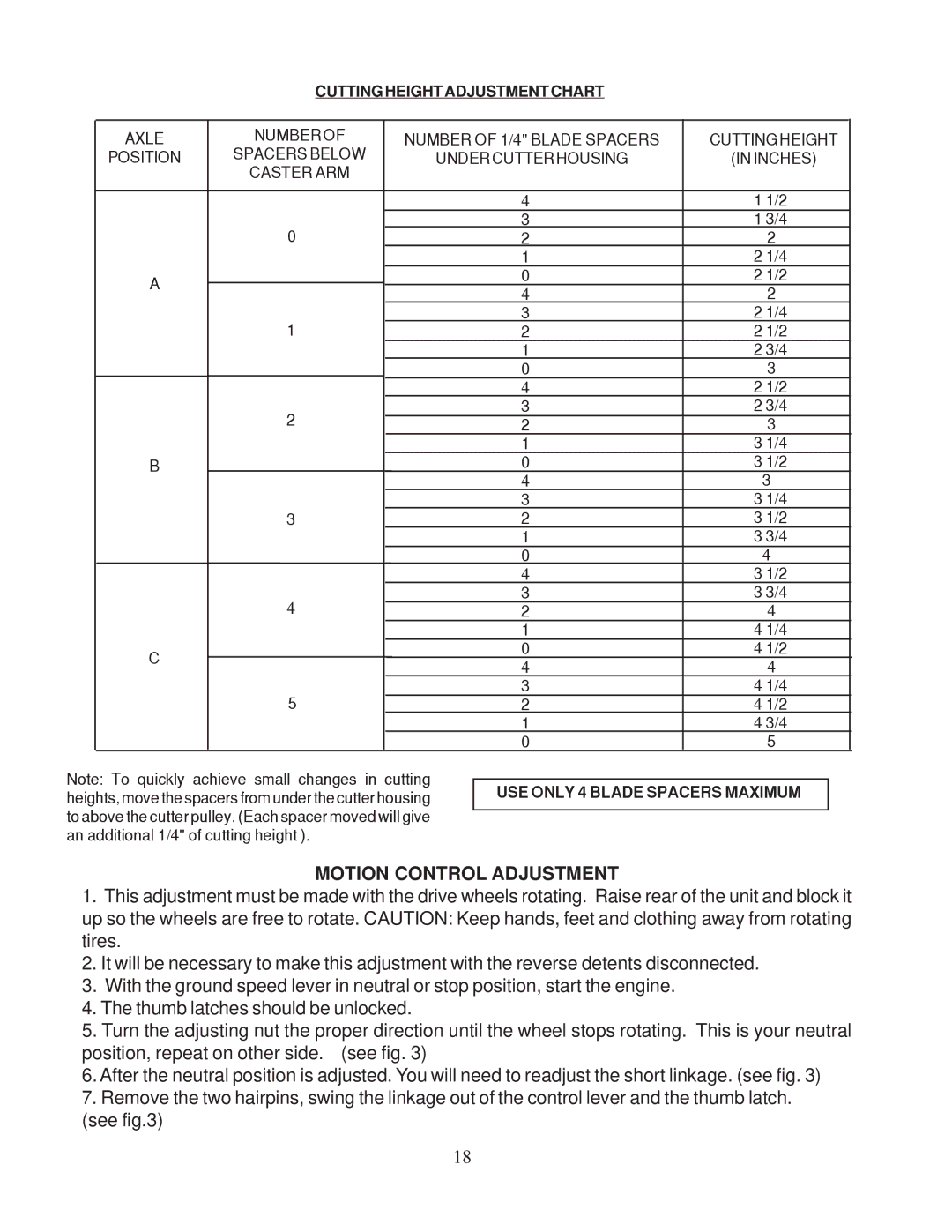 Husqvarna 968999110 / W4815A, 968999107 / W3213A manual Motion Control Adjustment, Cutting Height Adjustment Chart 