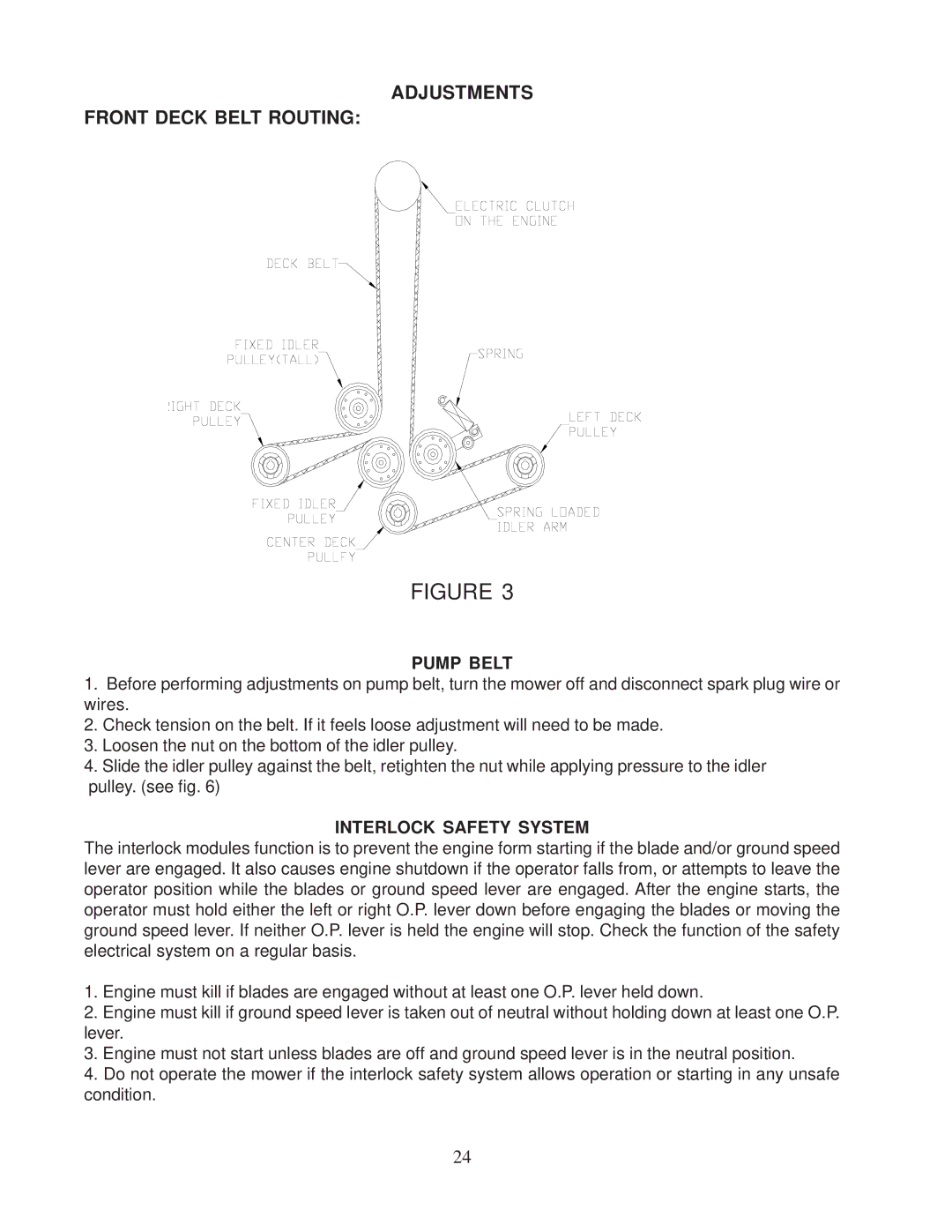 Husqvarna 968999110 / W4815A, 968999107 / W3213A Adjustments Front Deck Belt Routing, Pump Belt, Interlock Safety System 