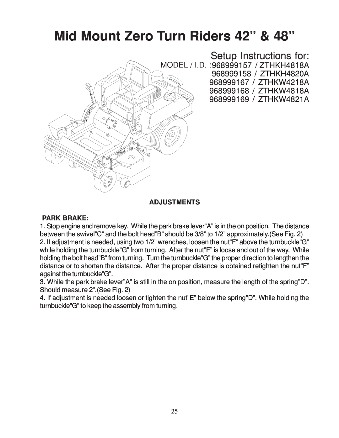 Husqvarna 968999107 / W3213A manual Mid Mount Zero Turn Riders 42” & 48”, Setup Instructions for, Adjustments Park Brake 