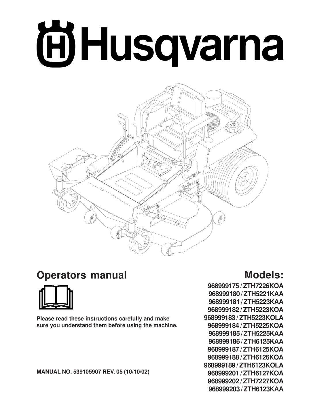 Husqvarna 968999175 / ZTH7226KOA, 968999180/ZTH5221KAA, 968999181/ZTH5223KAA, 968999189/ ZTH6123KOLA manual Operators manual 