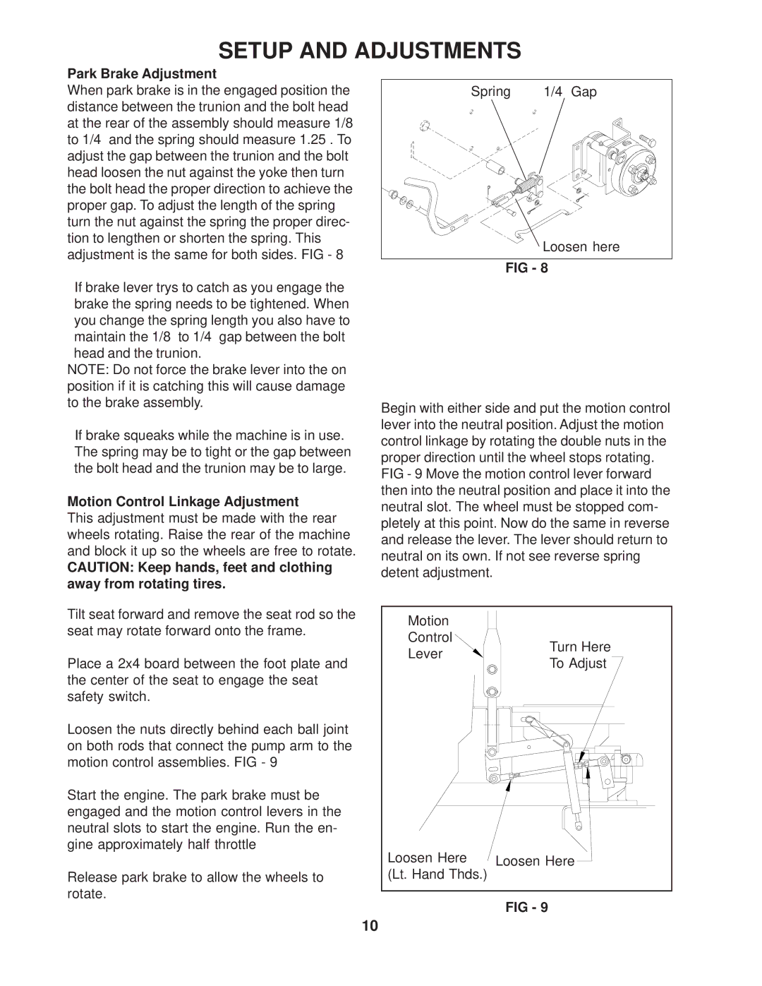 Husqvarna 968999189/ ZTH6123KOLA, 968999180/ZTH5221KAA manual Park Brake Adjustment, Motion Control Linkage Adjustment 