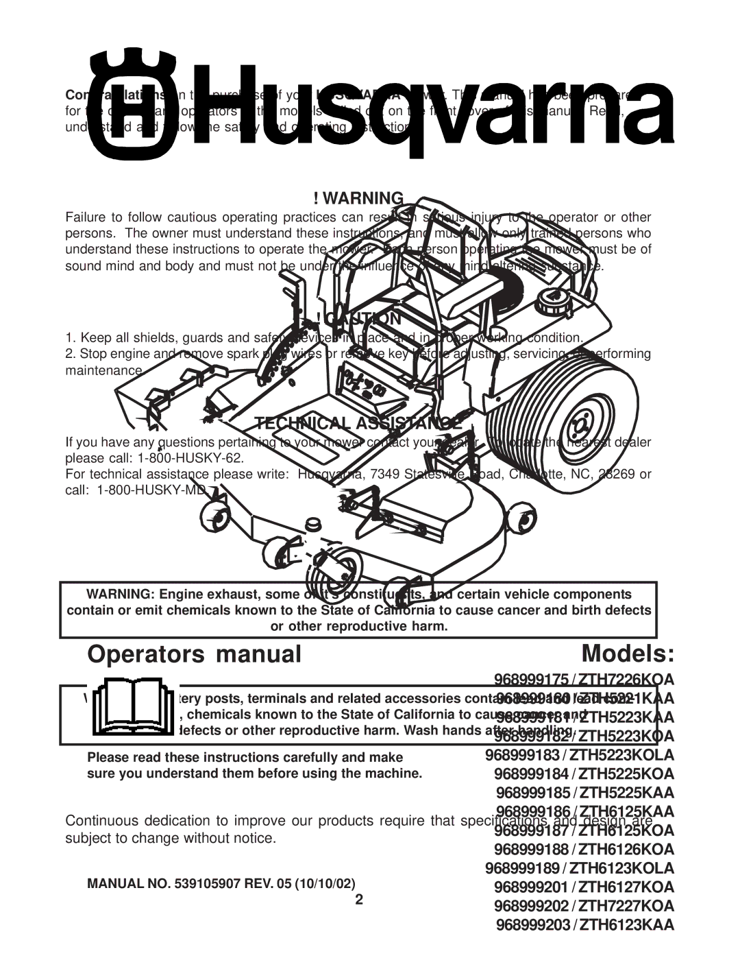 Husqvarna 968999181/ZTH5223KAA, 968999180/ZTH5221KAA, 968999175 / ZTH7226KOA, 968999189/ ZTH6123KOLA Technical Assistance 