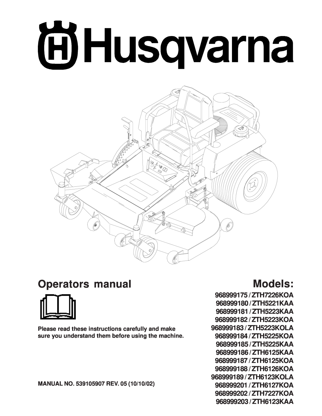 Husqvarna 968999175 / ZTH7226KOA, 968999180/ZTH5221KAA, 968999181/ZTH5223KAA manual Operators manual, Models 