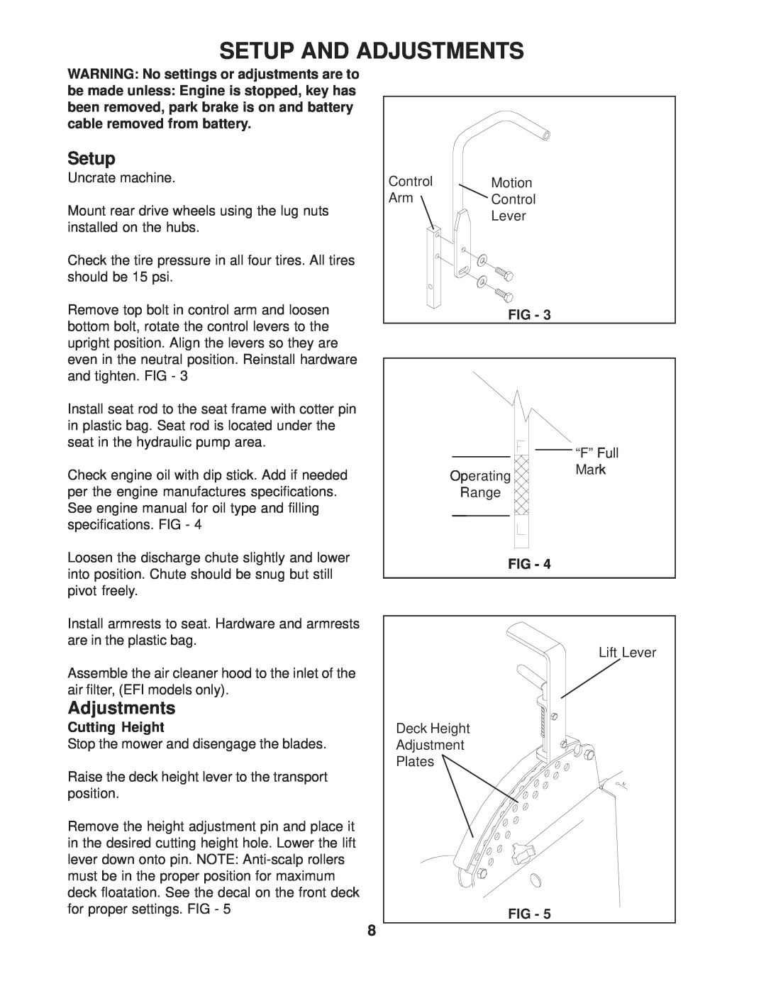 Husqvarna 968999185 / ZTH5225KAA manual Setup And Adjustments, WARNING No settings or adjustments are to, Cutting Height 