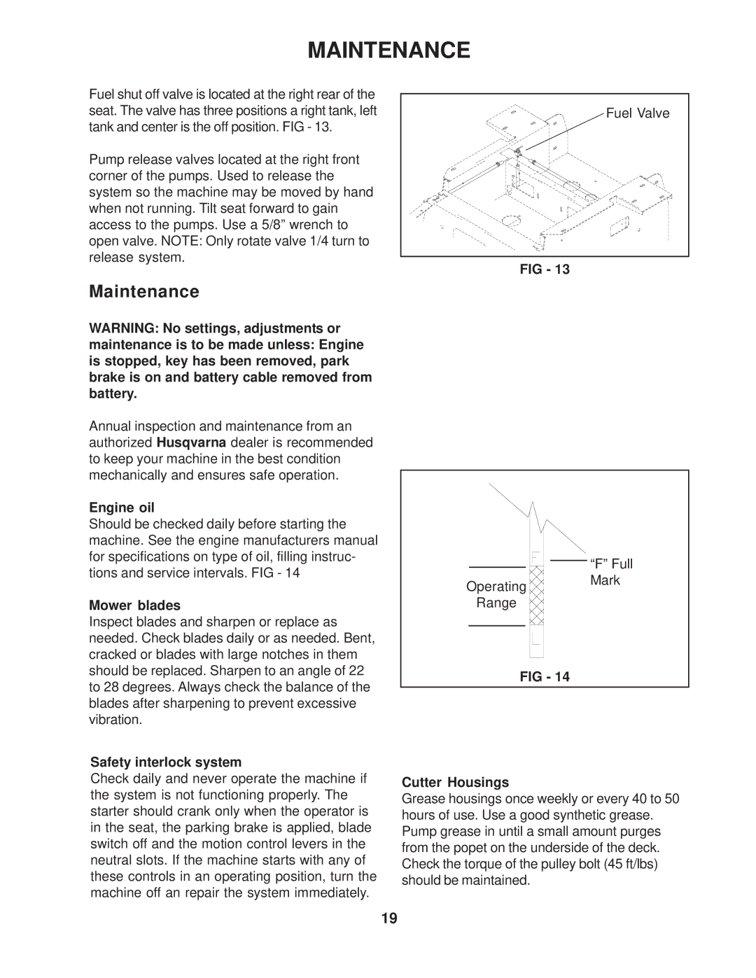 Husqvarna 968999225 / ZTH7227KOB manual Maintenance, Engine oil, Mower blades, Safety interlock system, Cutter Housings 