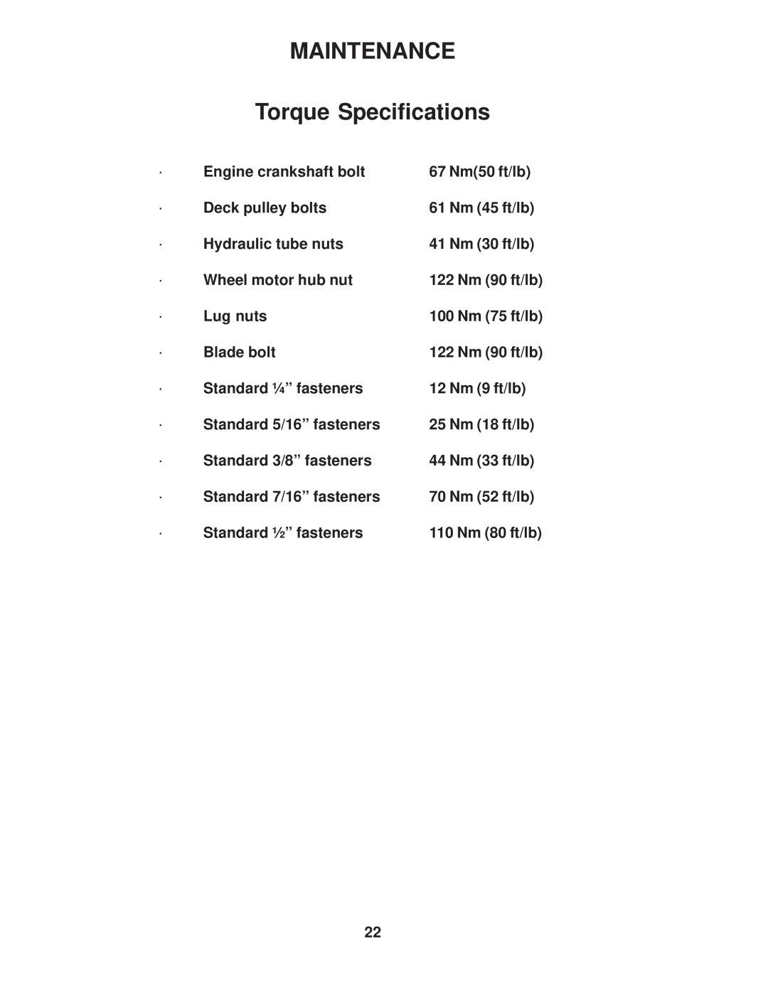 Husqvarna 968999225 / ZTH7227KOB, 968999189 / ZTH6123KOLA, 968999224 / ZTH6127KOB manual Torque Specifications 