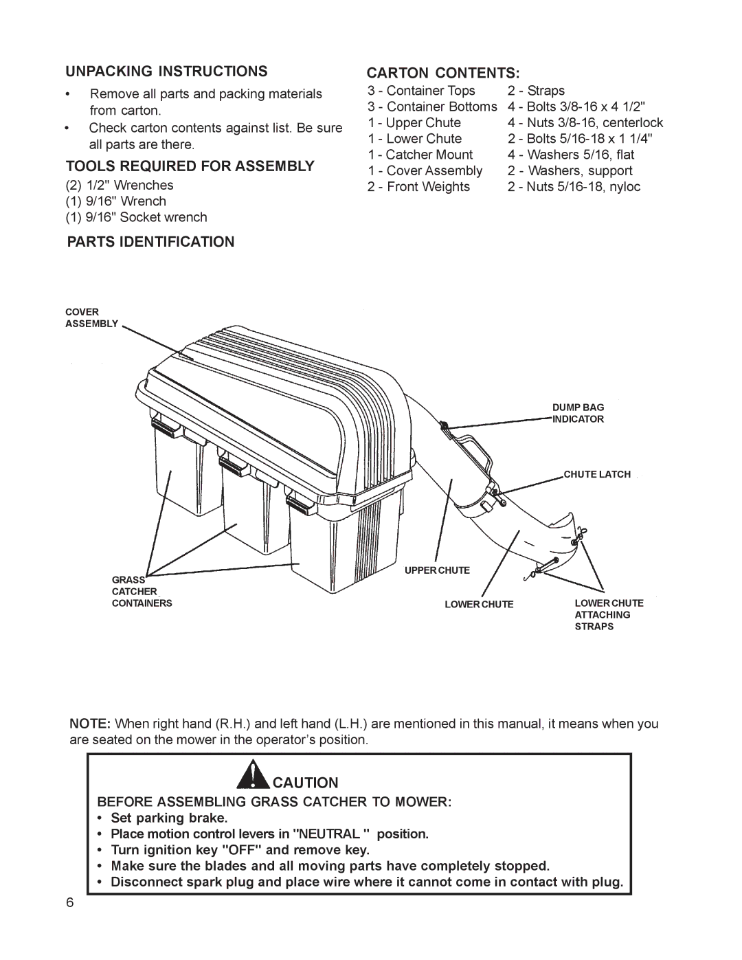 Husqvarna 968999211 / CZ48 Unpacking Instructions, Tools Required for Assembly, Carton Contents, Parts Identification 