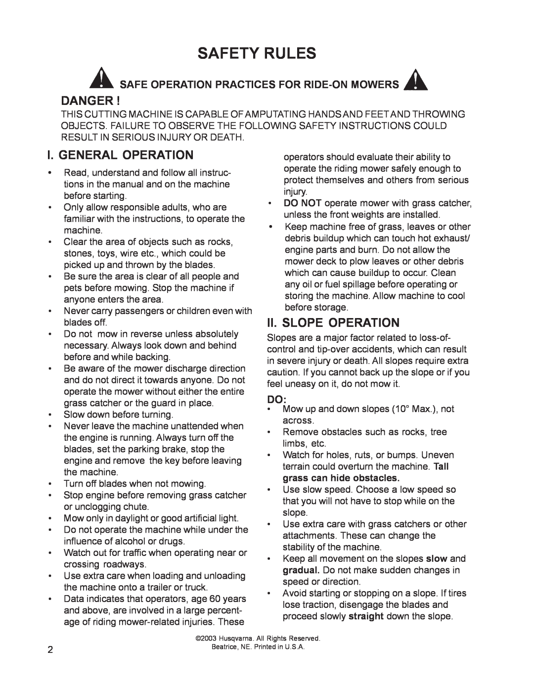 Husqvarna 968999211 / CZ48 manual Safety Rules, Danger, I. General Operation, Ii. Slope Operation 