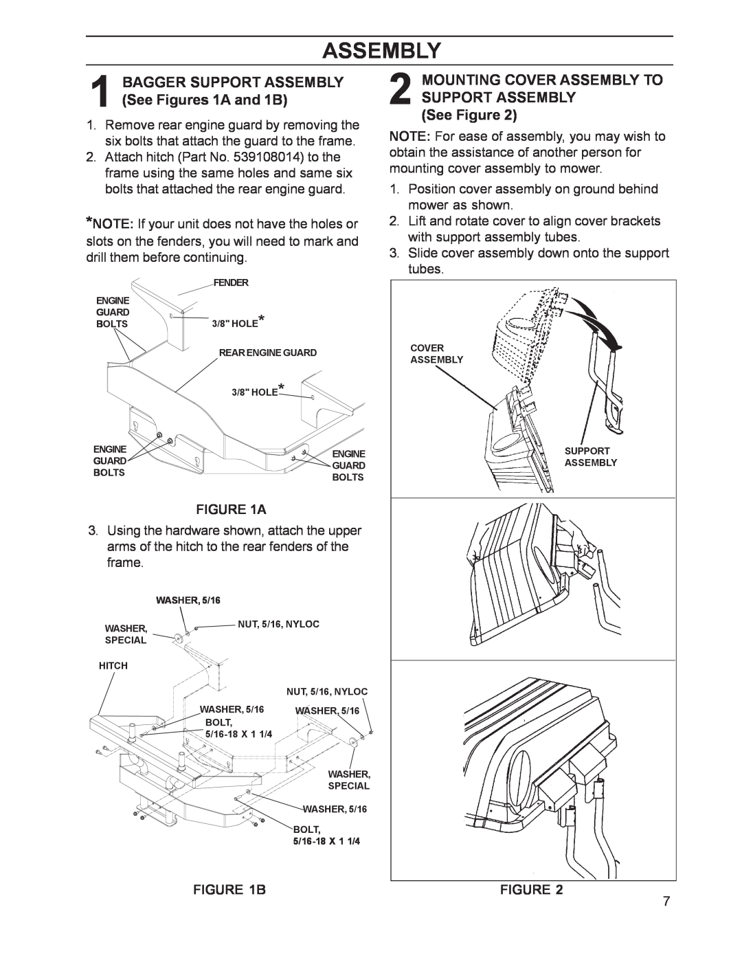 Husqvarna 968999211 / CZ48 manual Assembly, BAGGER SUPPORT ASSEMBLY See Figures 1A and 1B 