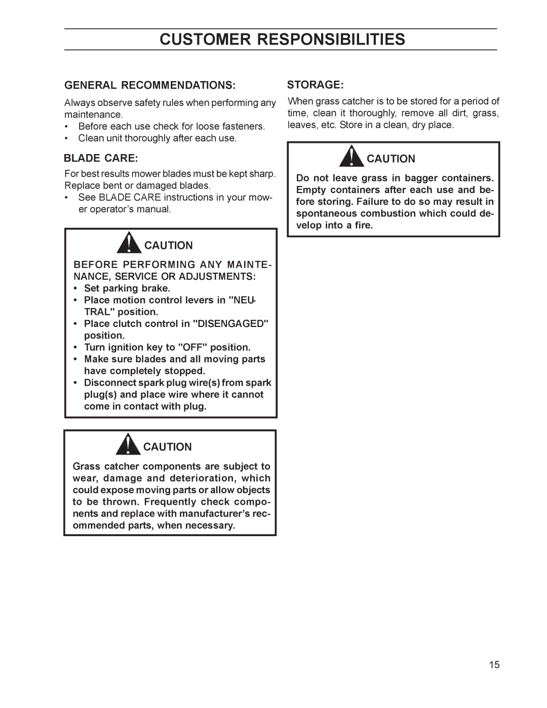 Husqvarna 968999211 manual Customer Responsibilities, General Recommendations, Blade Care, Storage 