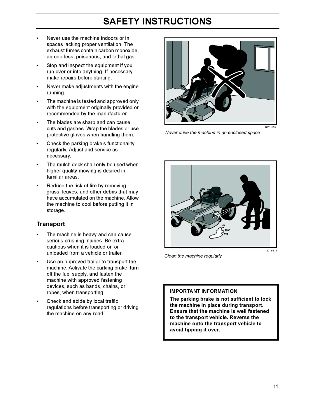 Husqvarna 968999214, 968999218, 968999216, BZ7234D, BZ6127D, BZ6134D manual Transport, Important Information 