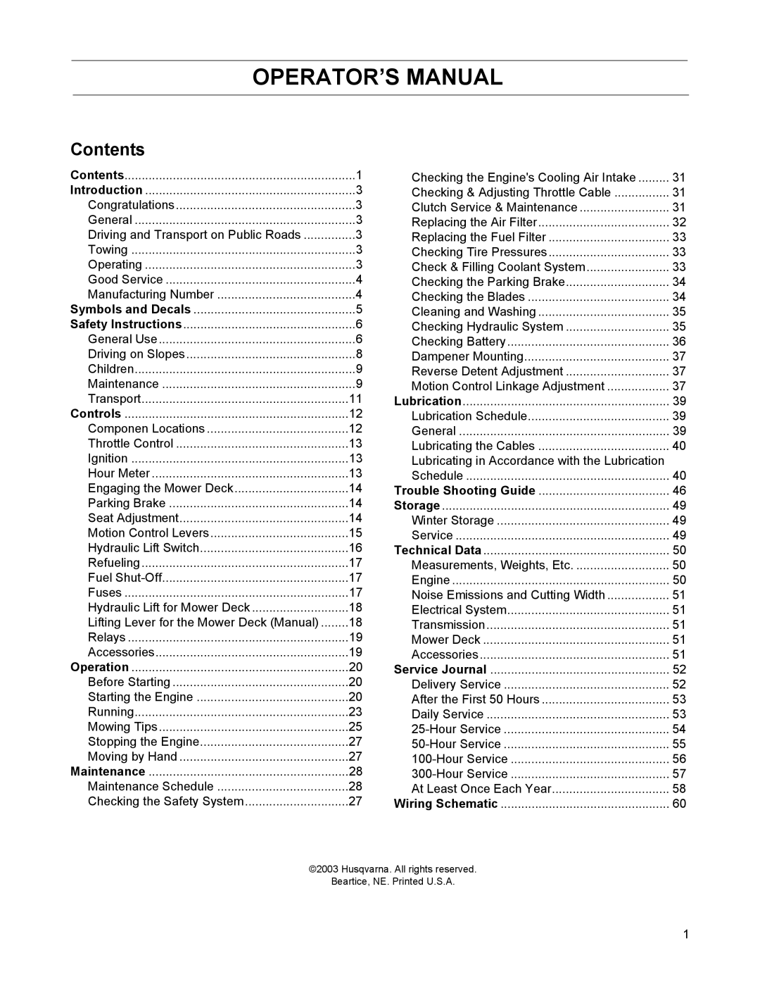 Husqvarna BZ7234D, 968999218, 968999214, 968999216, BZ6127D, BZ6134D manual OPERATOR’S Manual, Contents 