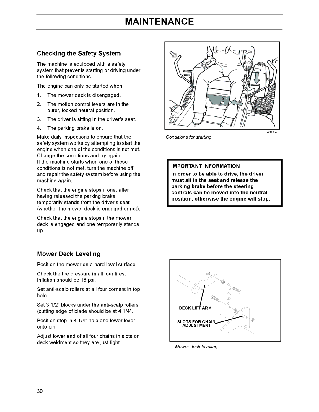 Husqvarna 968999216, 968999218, 968999214, BZ7234D, BZ6127D, BZ6134D manual Checking the Safety System, Mower Deck Leveling 