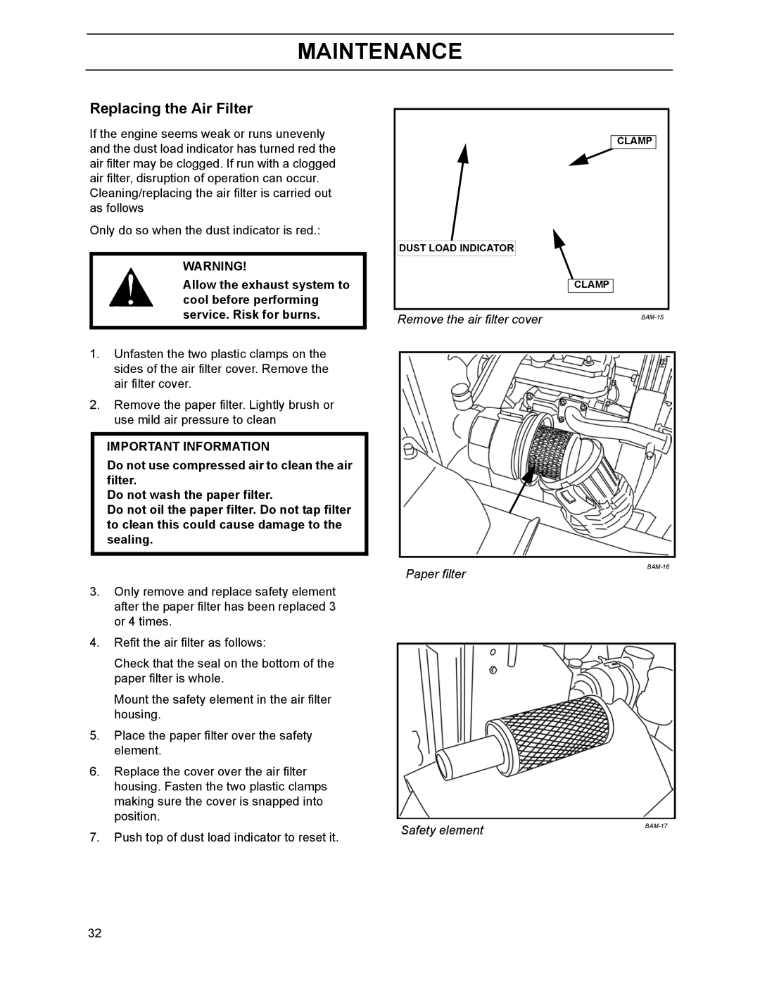 Husqvarna BZ6127D, 968999218, 968999214, 968999216, BZ7234D, BZ6134D manual Replacing the Air Filter, Paper filter 