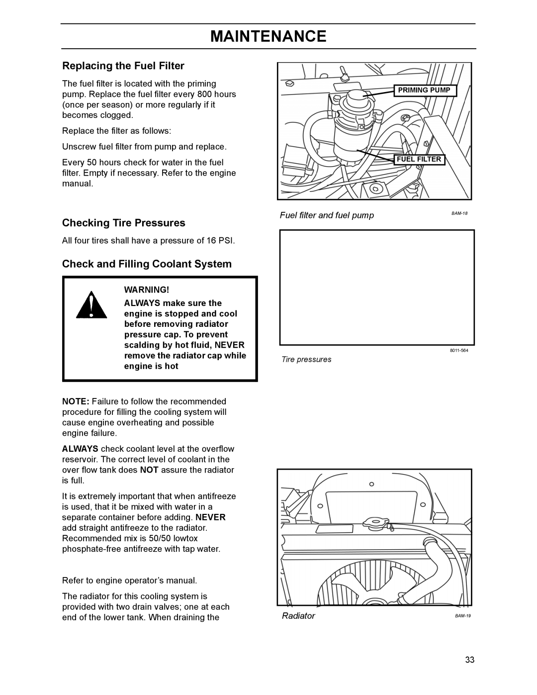 Husqvarna BZ6134D, 968999218, BZ7234D Replacing the Fuel Filter, Checking Tire Pressures, Check and Filling Coolant System 