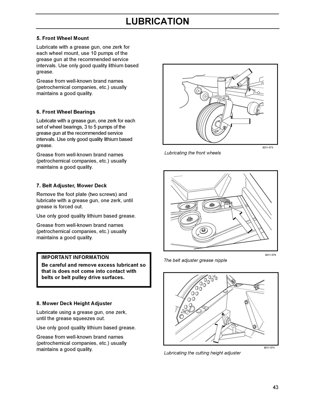 Husqvarna BZ7234D, 968999218, 968999214, 968999216 manual Front Wheel Mount, Front Wheel Bearings, Belt Adjuster, Mower Deck 