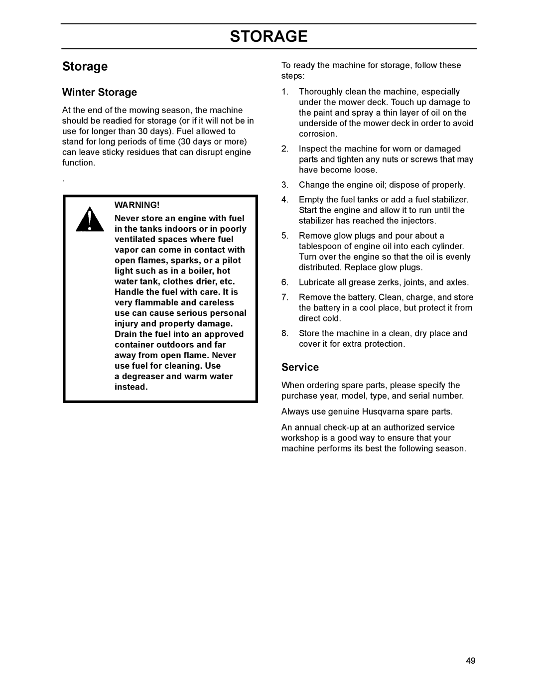 Husqvarna BZ7234D, 968999218, 968999214, 968999216, BZ6127D, BZ6134D manual Winter Storage, Service 