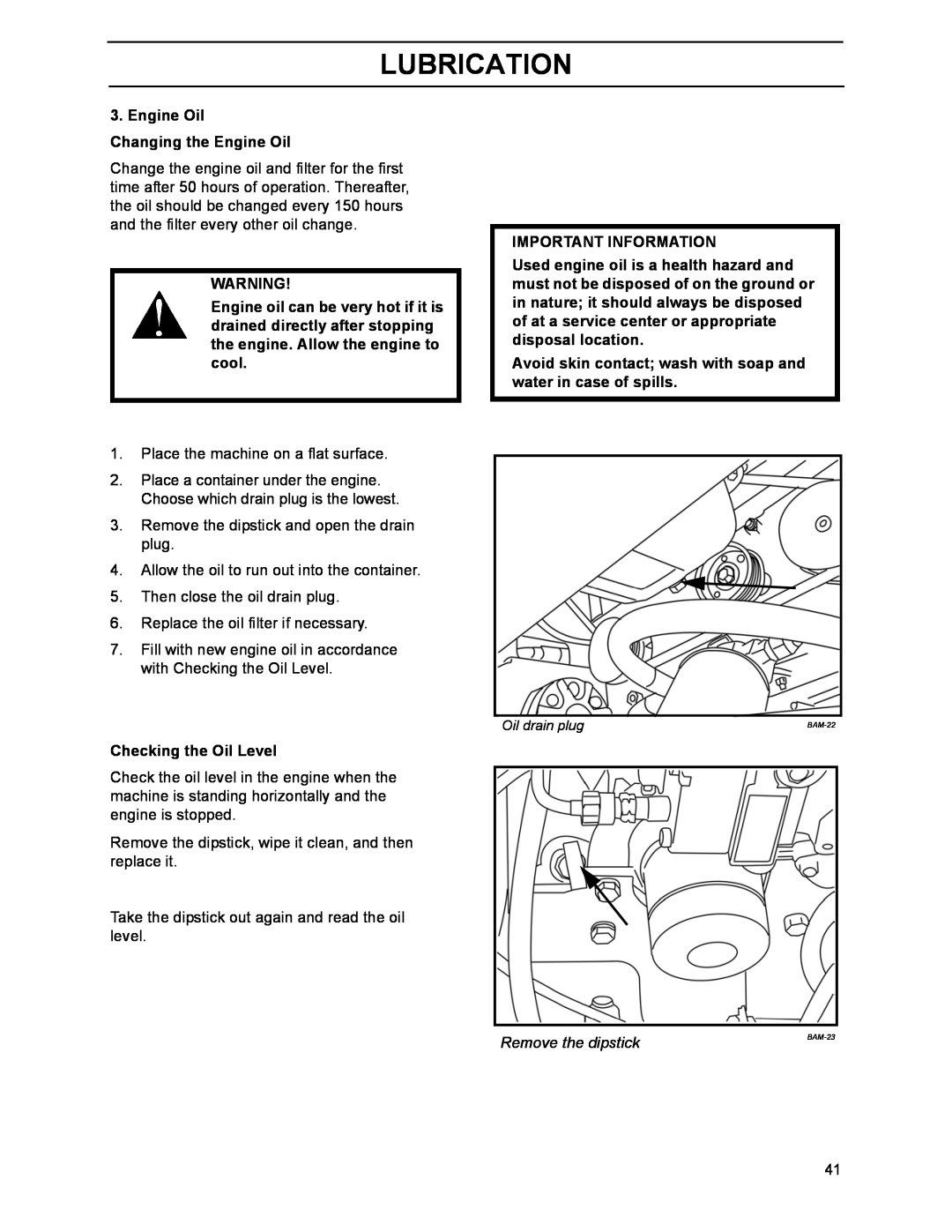 Husqvarna 968999214 manual Lubrication, Engine Oil Changing the Engine Oil, Checking the Oil Level, Important Information 