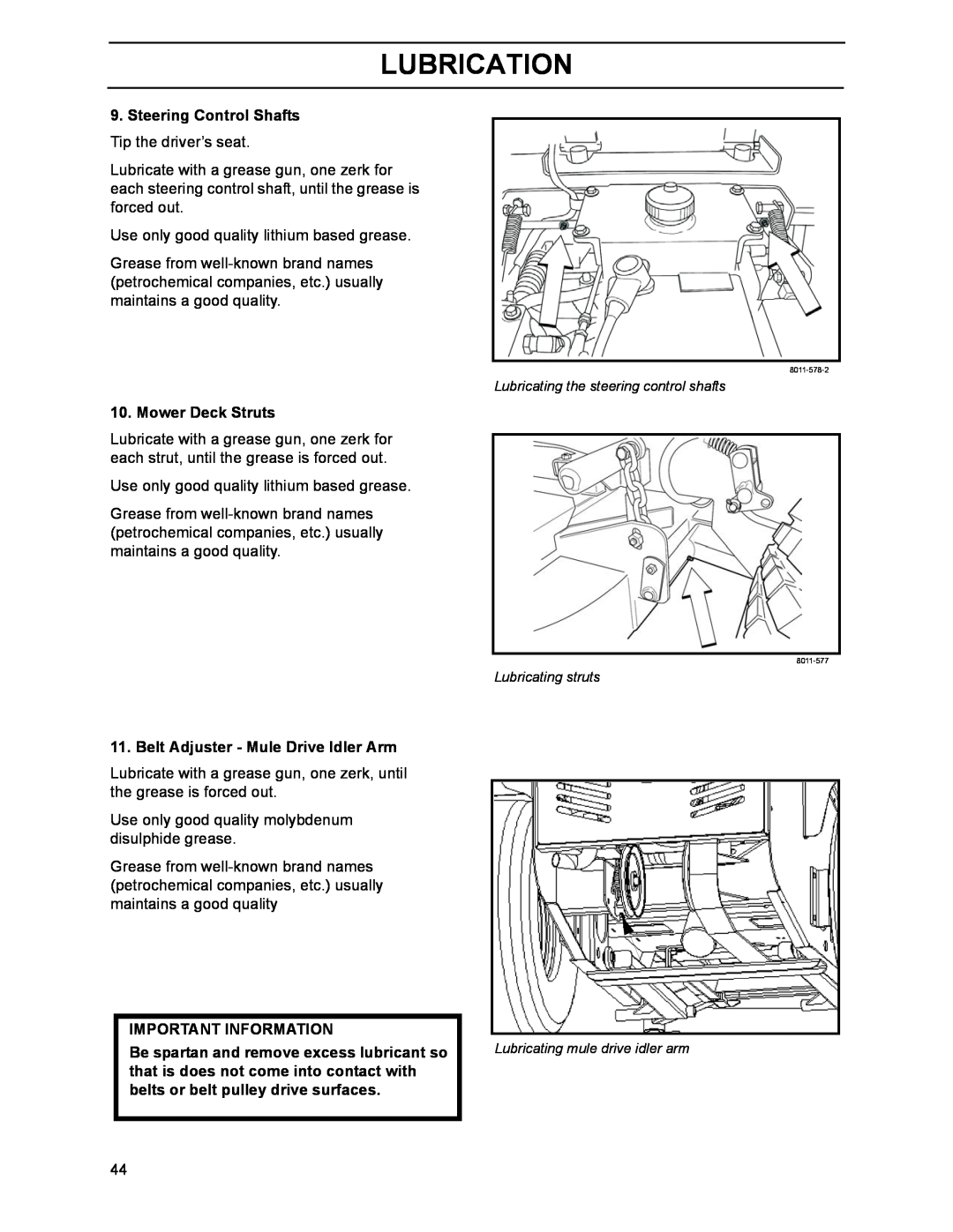 Husqvarna BZ6127D Lubrication, Steering Control Shafts Tip the driver’s seat, Mower Deck Struts, Important Information 