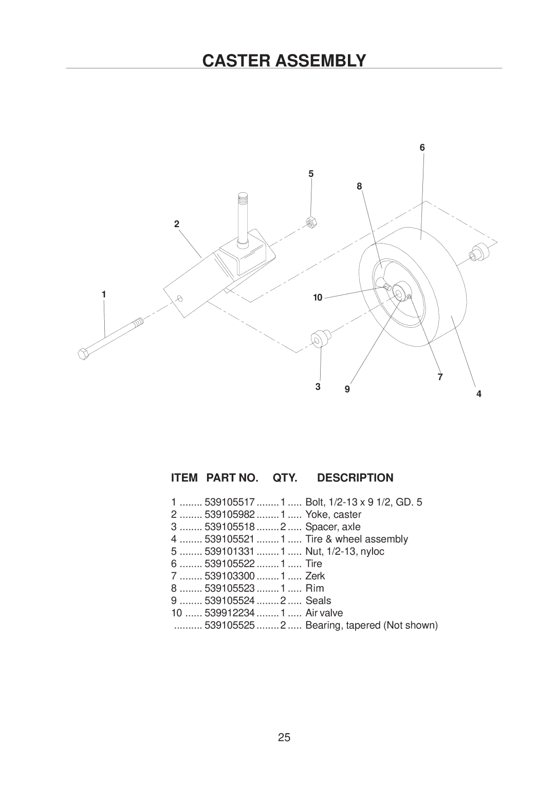 Husqvarna 968999221 / BZE6127D, 968999223 / BZE7234D, 968999222 / BZE6134D manual Caster Assembly 