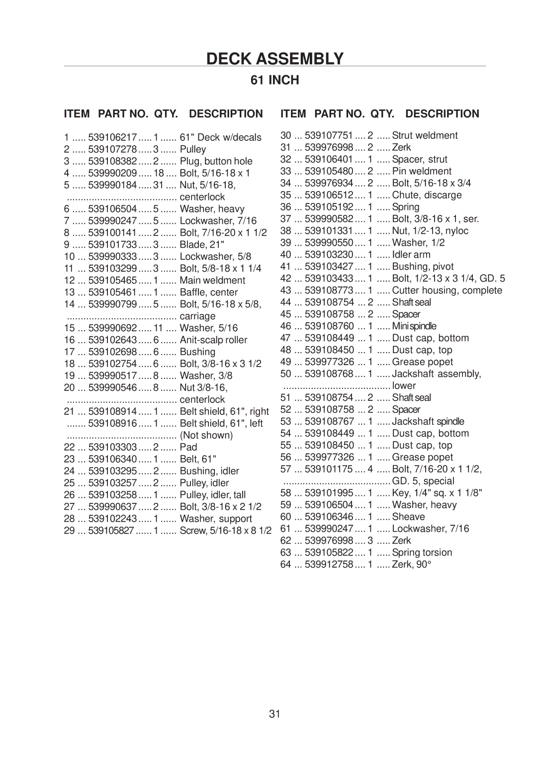 Husqvarna 968999221 / BZE6127D, 968999223 / BZE7234D, 968999222 / BZE6134D manual Item Part NO. QTY Description 